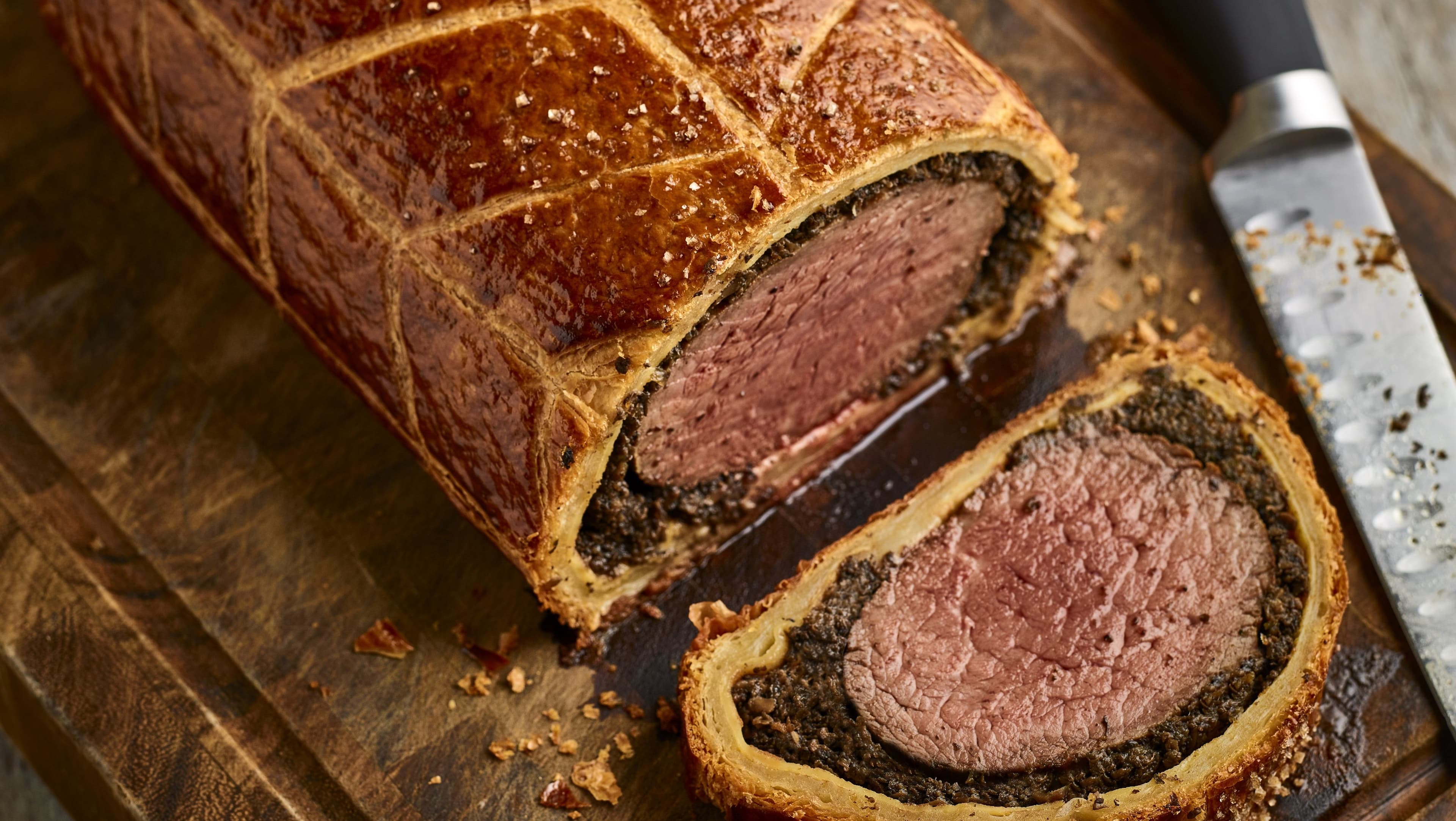 Beef Wellington with golden pastry