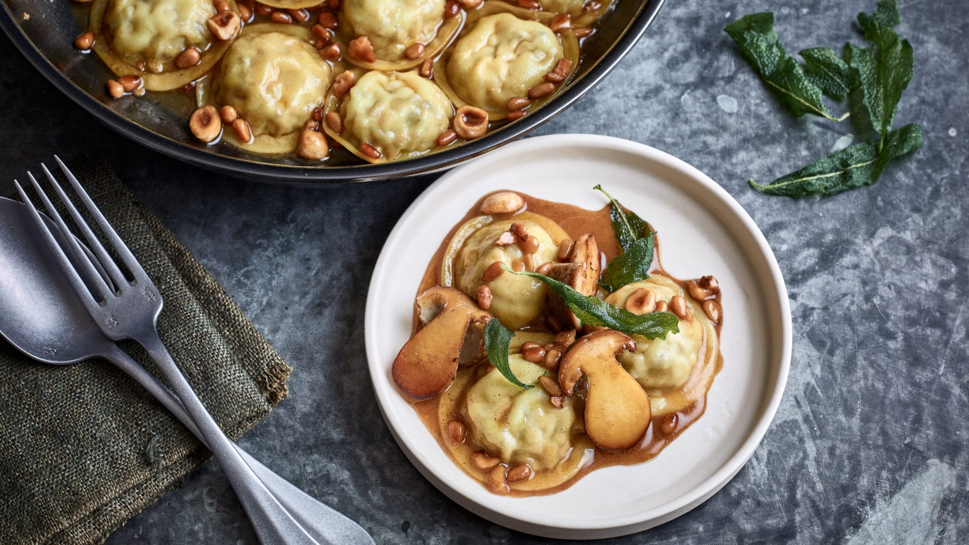Cep ravioli with roasted nuts and sage butter - Step 1